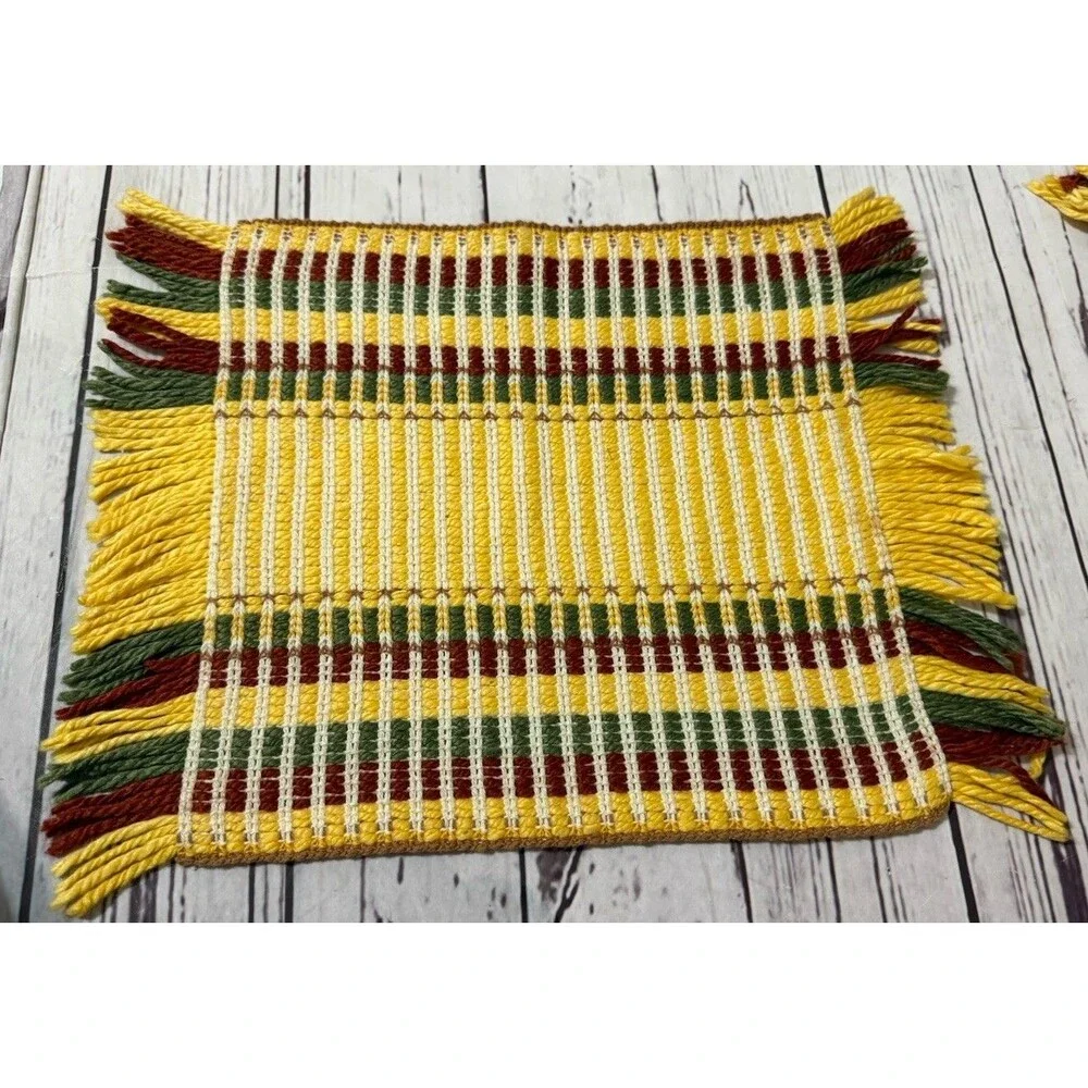 Set Of 8 Hand Made Placemats MCM Yellow Green Burgundy Knit